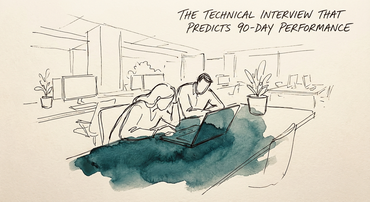 Two engineers pair programming on a laptop in a modern office, representing the collaborative work sample interview.