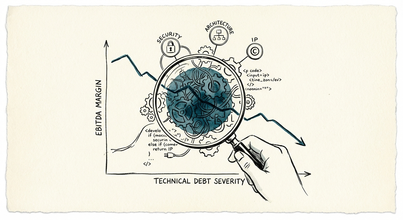 Graph showing the correlation between technical debt severity and post-acquisition EBITDA margin erosion.