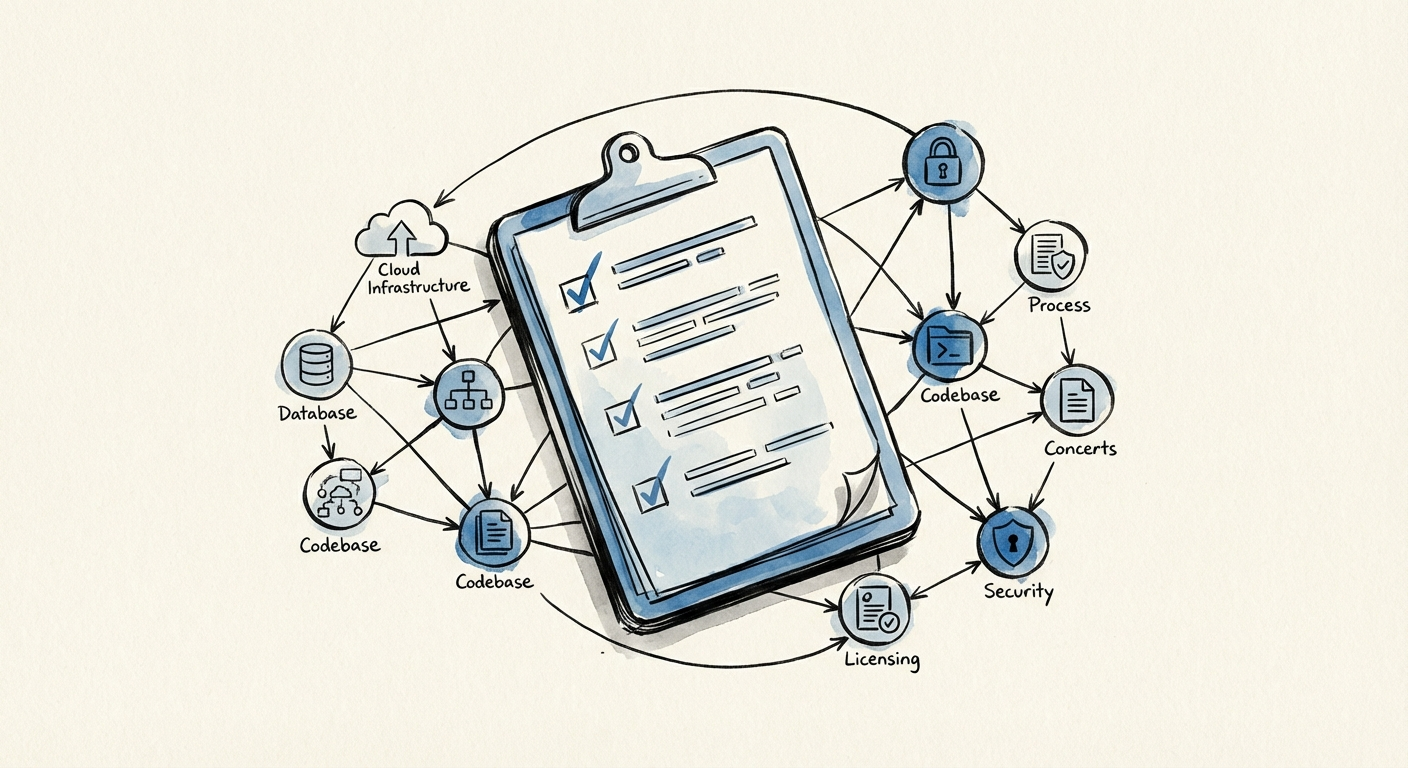 A specialized technical due diligence checklist overlaying a software architecture diagram, highlighting critical risk nodes.