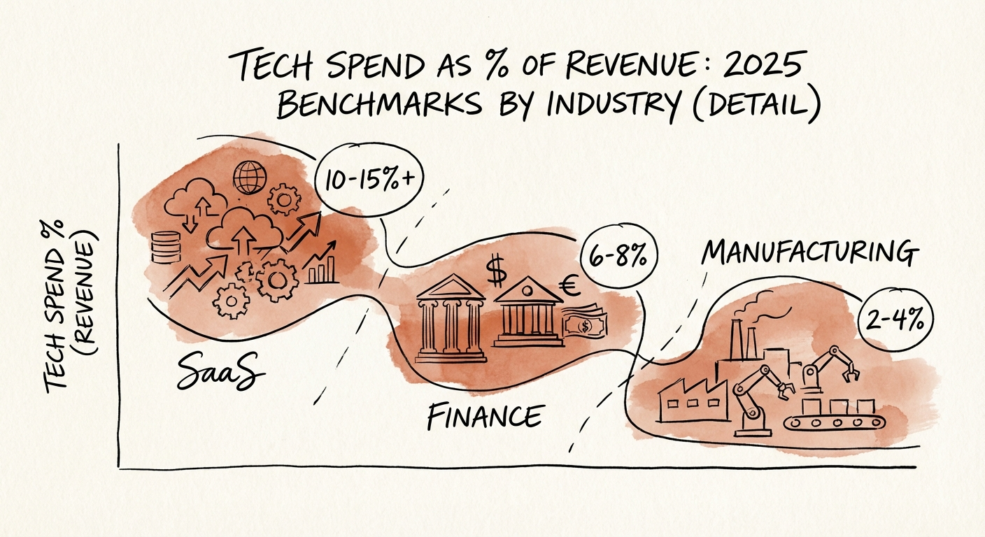 Chart showing IT spend as percentage of revenue across SaaS,
Finance, and Manufacturing sectors