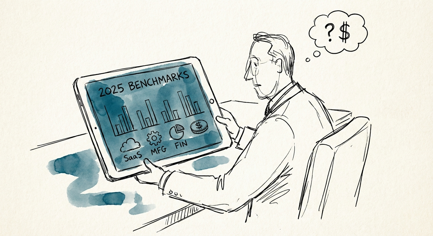 Private Equity Operating Partner reviewing IT budget benchmarks on a tablet