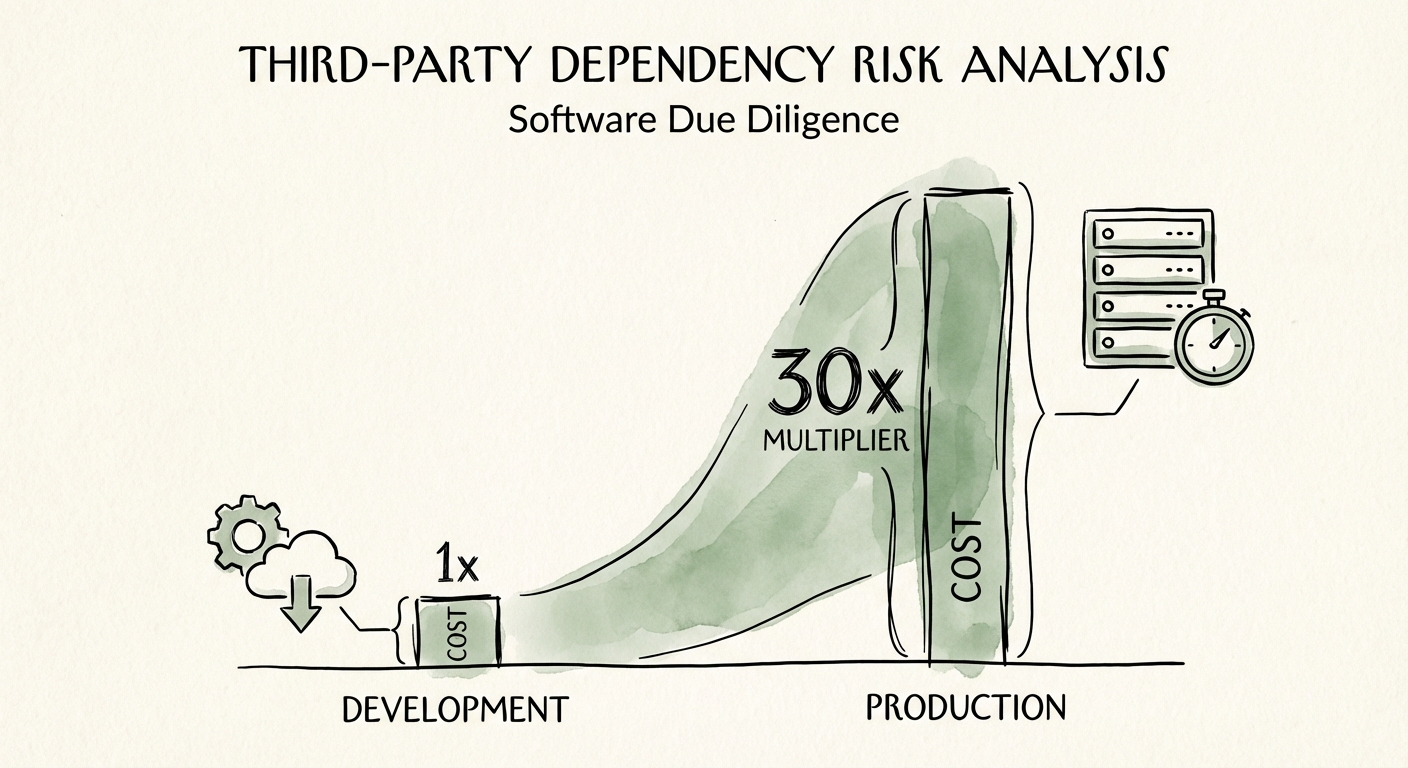 Chart comparing the cost of remediation in development versus production, highlighting the 30x multiplier.