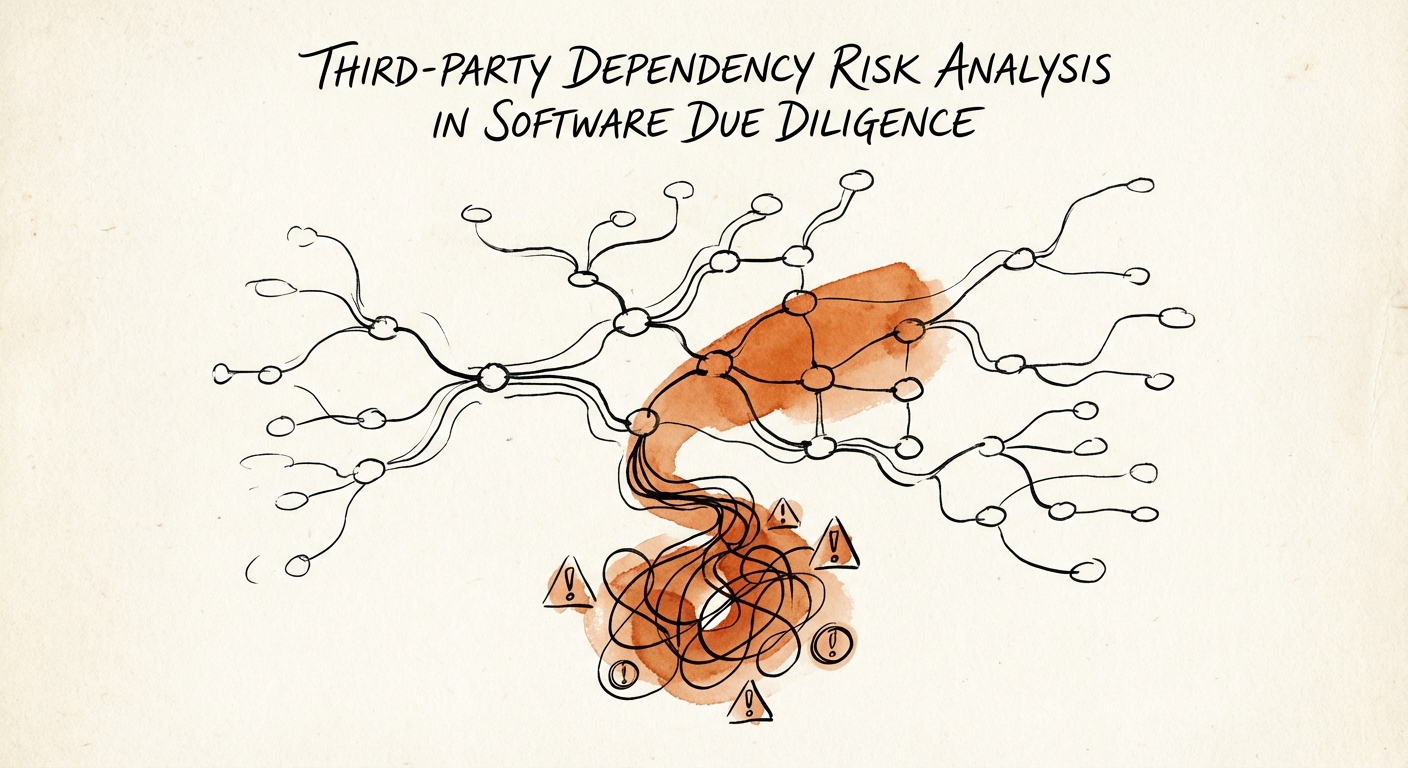 A digital visualization of a software supply chain dependency graph showing red warning indicators for transitive vulnerabilities deep in the stack.