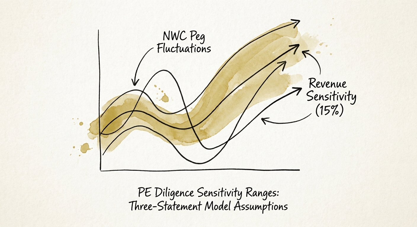 Graph detailing net working capital peg fluctuations under 15 percent revenue sensitivity testing.