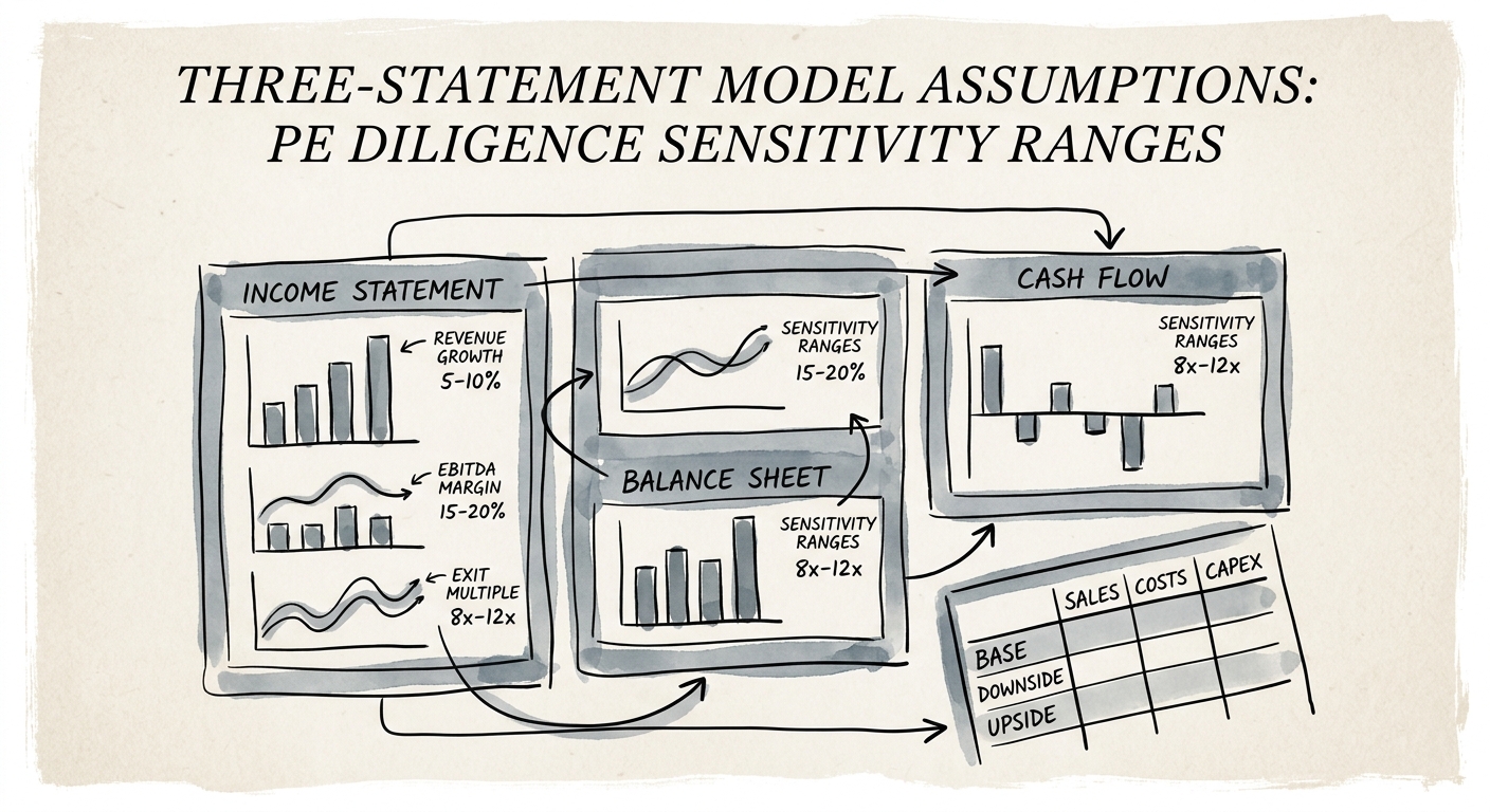 Financial dashboard showing three-statement model sensitivity analysis for private equity due diligence.