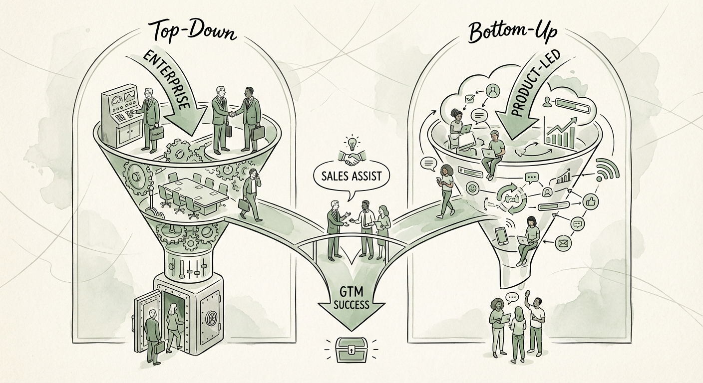 Split screen illustration showing a high-touch enterprise sales funnel on the left and a product-led self-serve funnel on the right, converging at the 'Sales Assist' middle ground.
