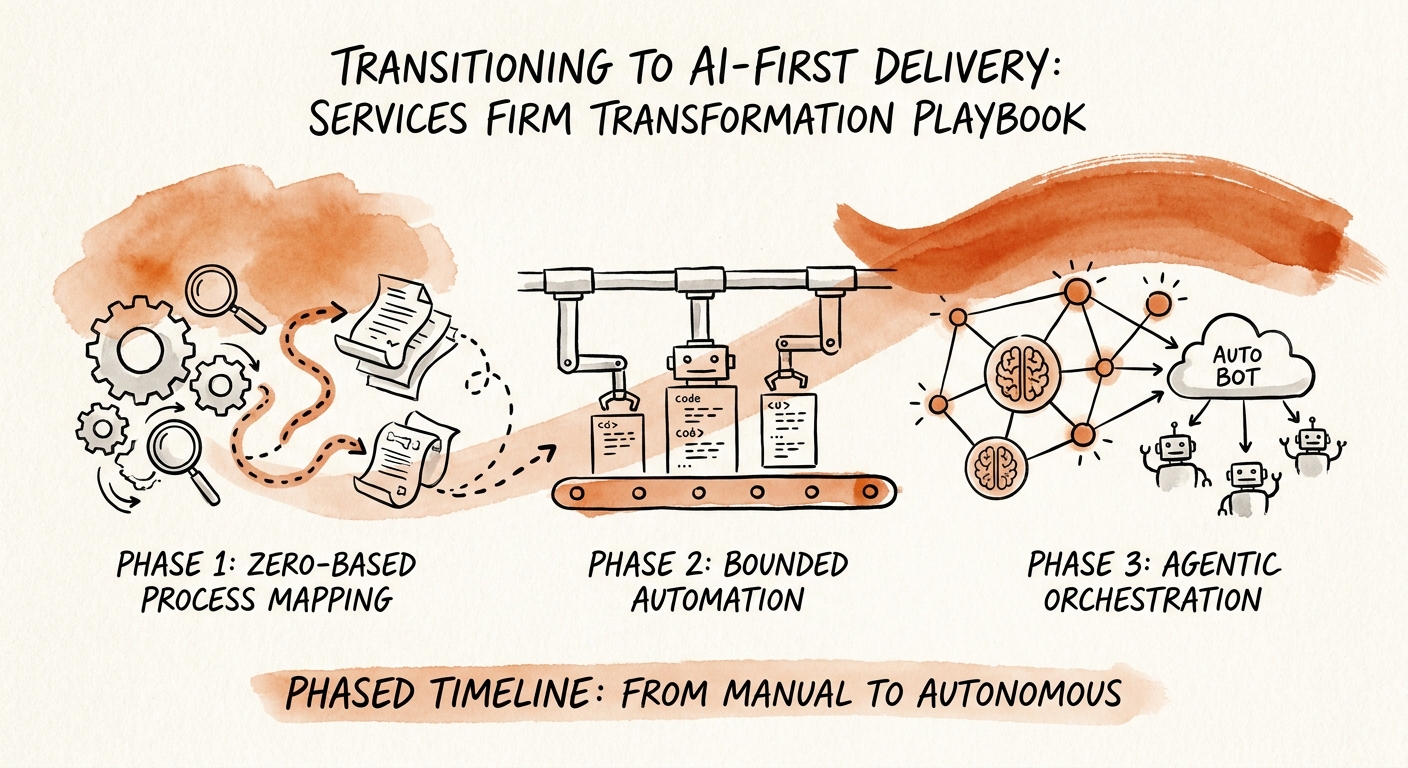AI-first delivery playbook showing workflow redesign, data readiness, quality review, pricing model, and adoption cadence.