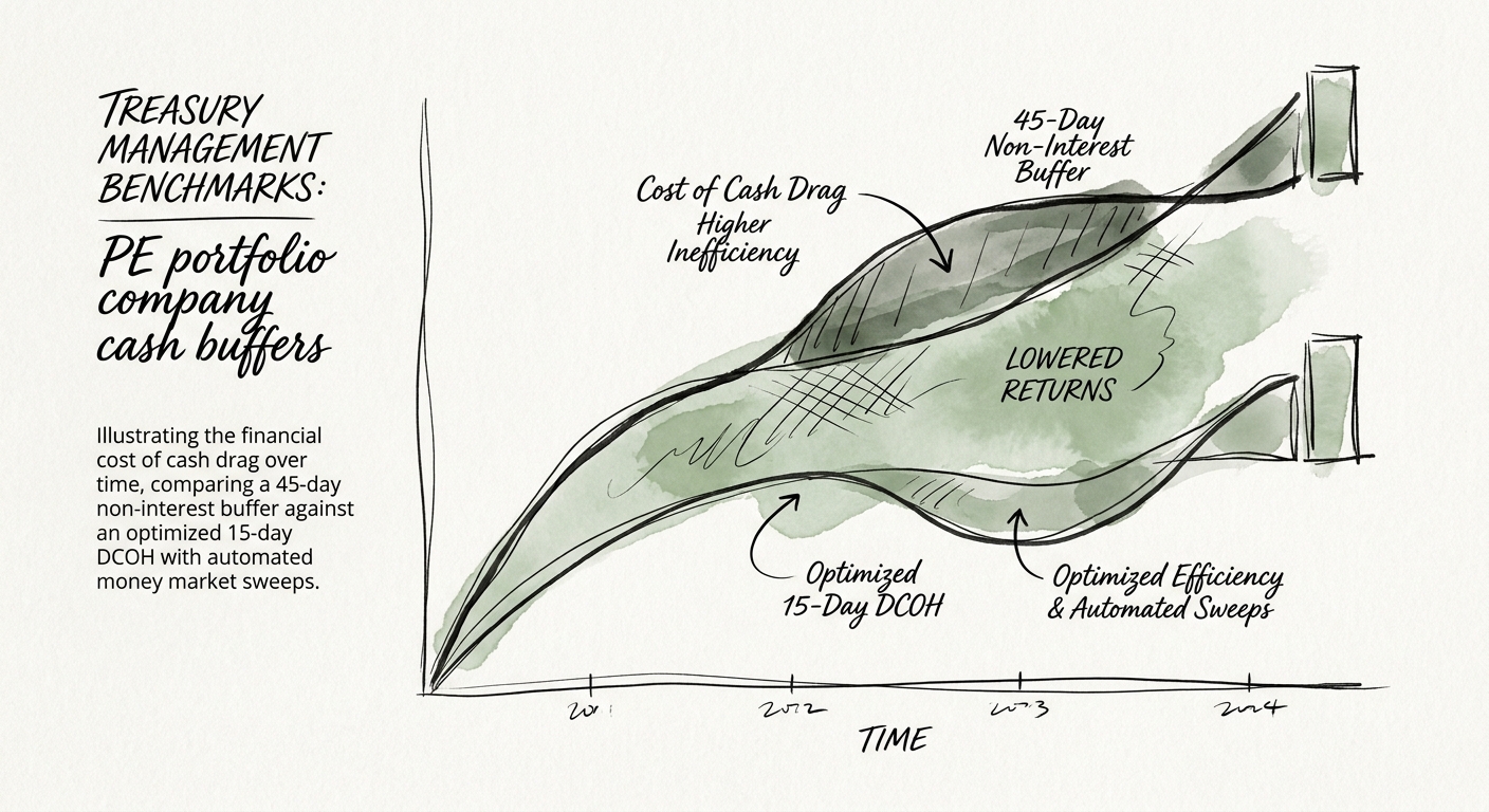 A chart illustrating the financial cost of cash drag over time, comparing a 45-day non-interest buffer against an optimized 15-day DCOH with automated money market sweeps.