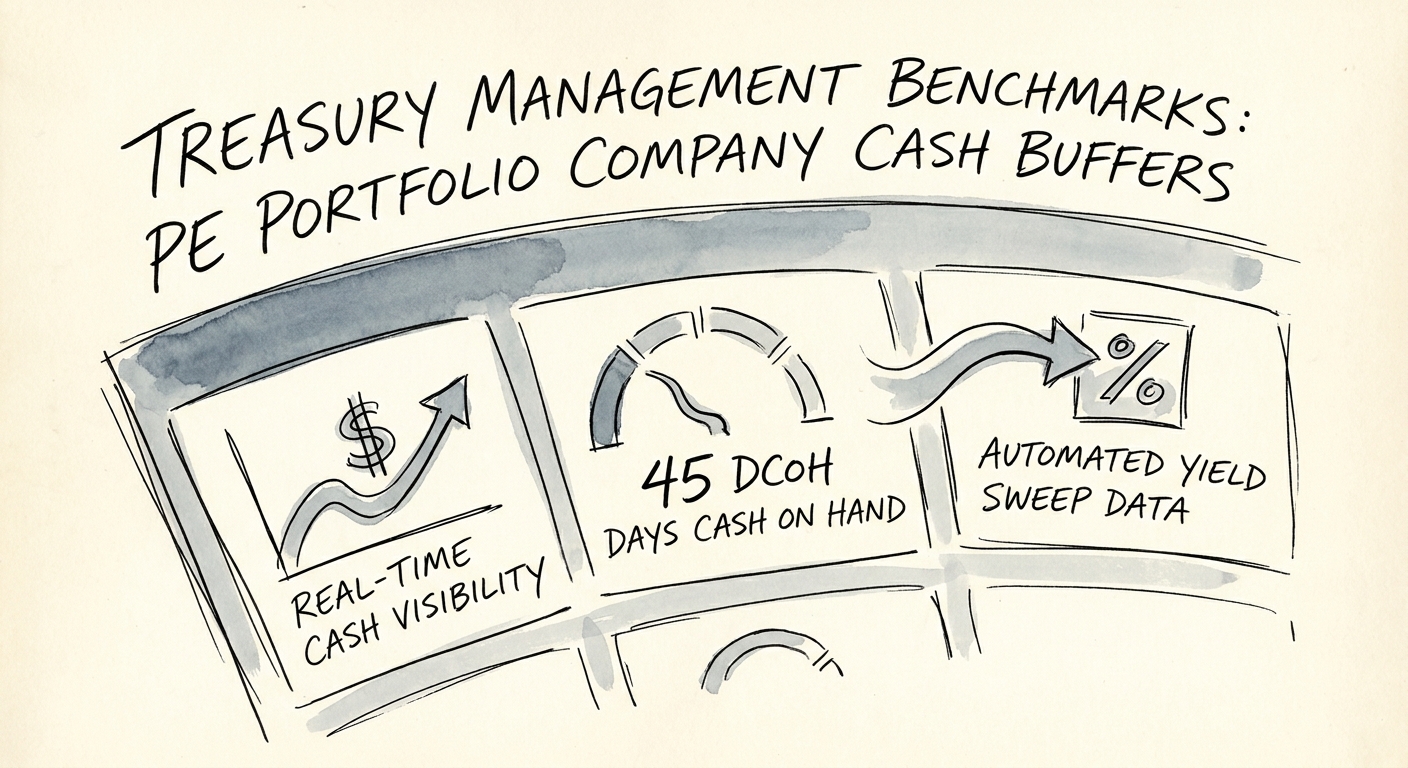 A sophisticated treasury management dashboard showing real-time cash visibility, Days Cash on Hand metrics, and automated yield sweep data.