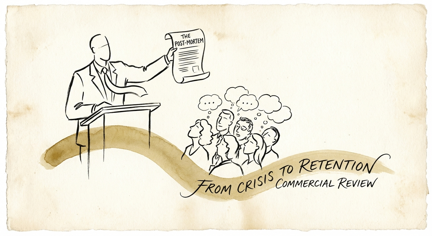 A CEO presenting a Commercial Post-Mortem document to a client board, turning a crisis into a retention win.