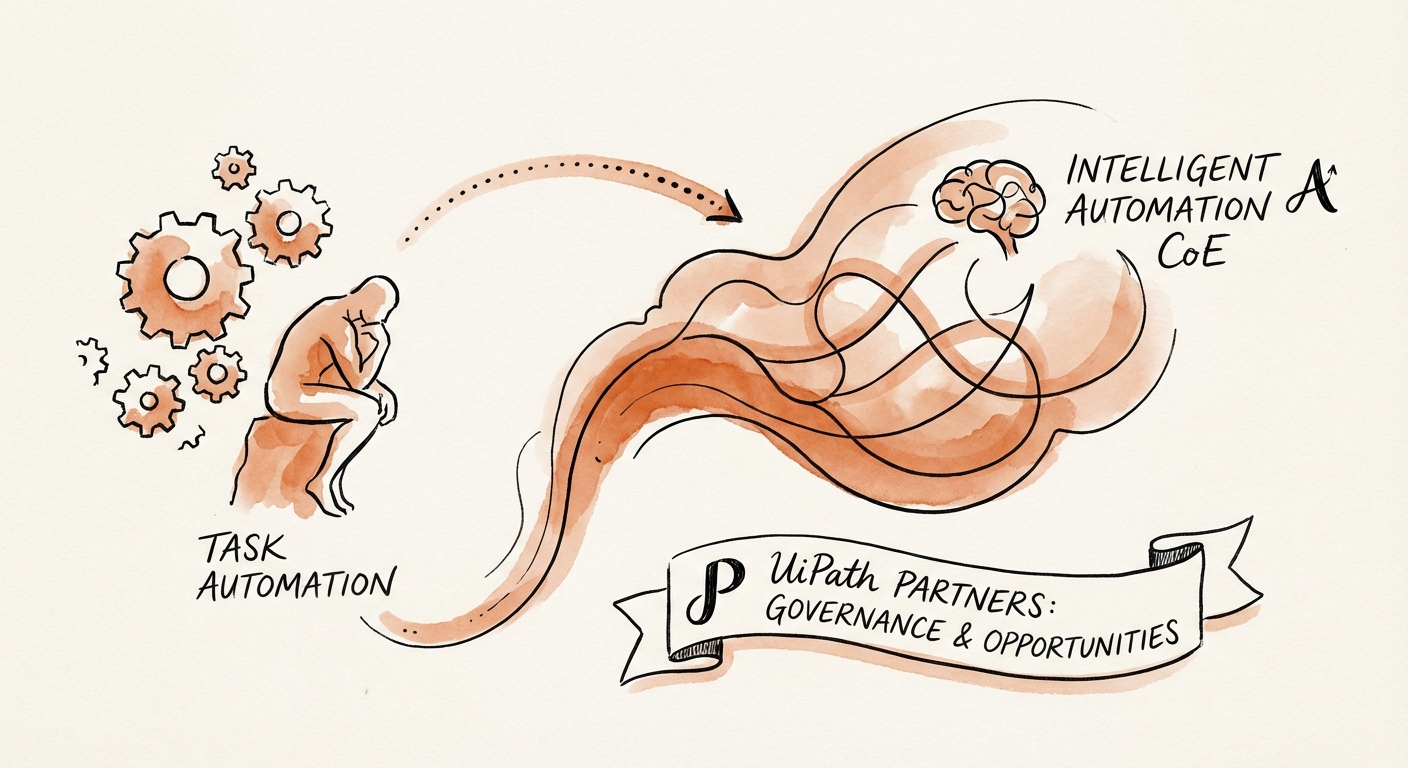 Diagram illustrating the transition from Task Automation to Intelligent Automation CoE governance