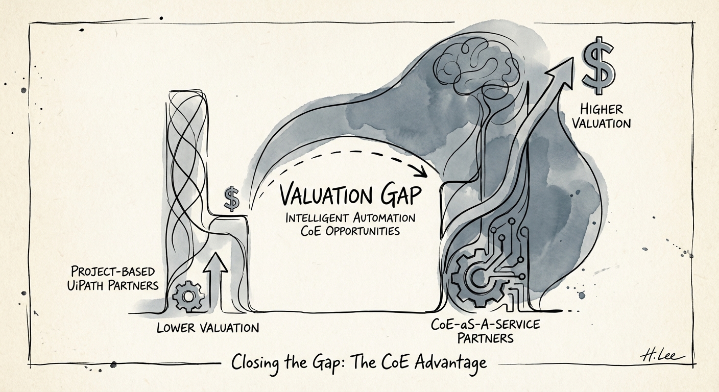 Chart showing the valuation gap between project-based UiPath partners and CoE-as-a-Service partners