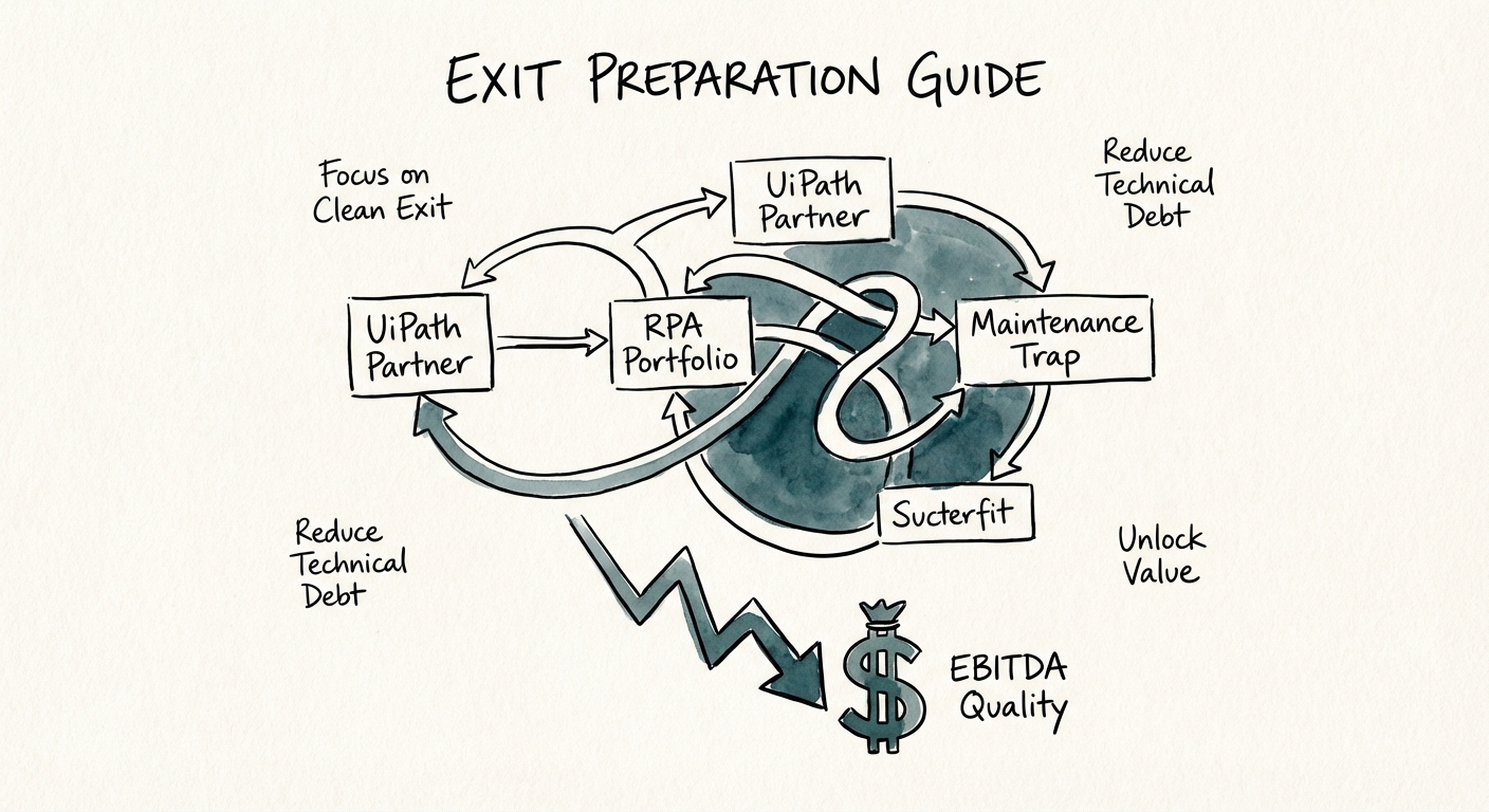 Diagram illustrating the 'Maintenance Trap' in RPA portfolios and its impact on EBITDA quality.