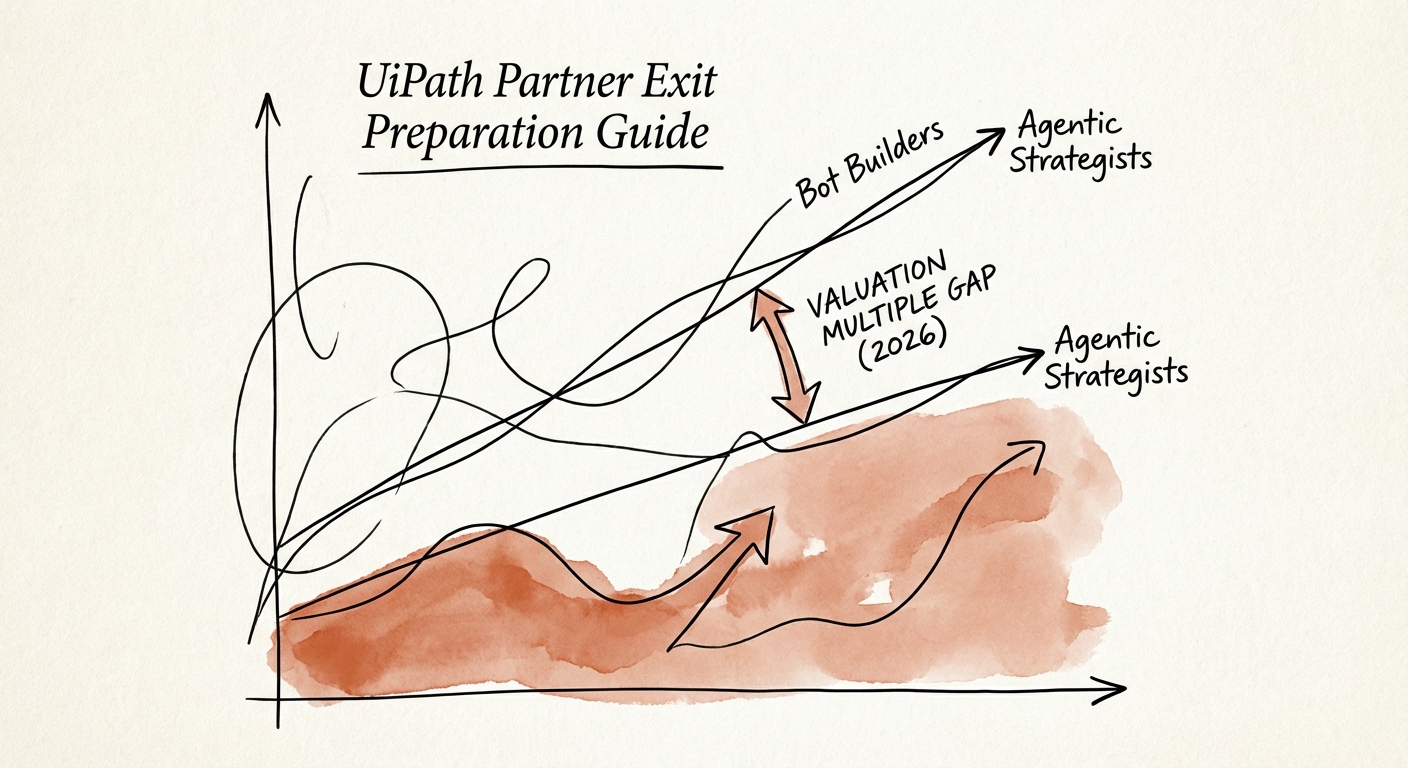 Graph showing the valuation multiple gap between UiPath 'Bot Builders' and 'Agentic Strategists' in 2026.