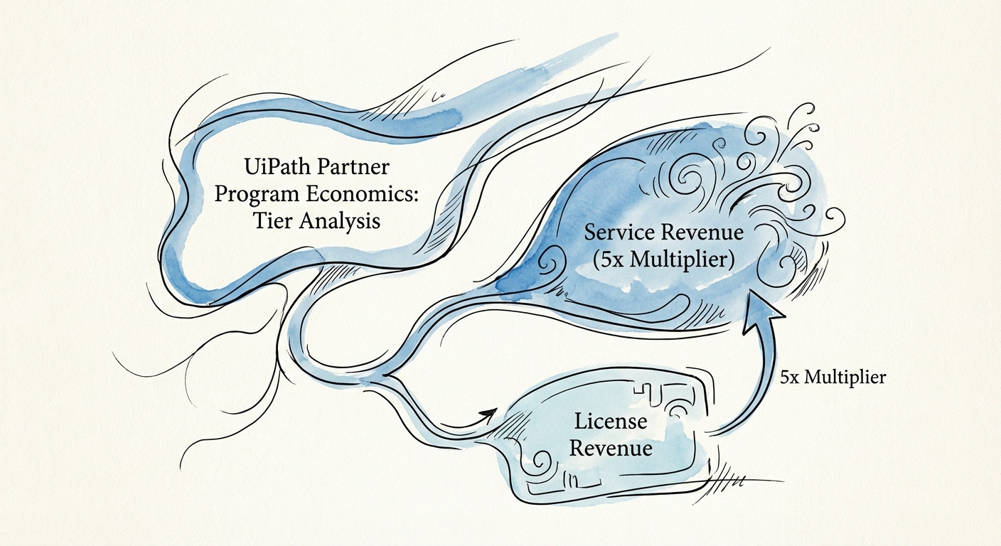 Diagram illustrating the 5x Service-to-License multiplier in the UiPath ecosystem, breaking down revenue streams.