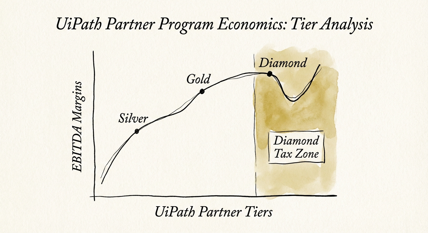 Chart showing the correlation between UiPath partner tiers and EBITDA margins, highlighting the 'Diamond Tax' zone.