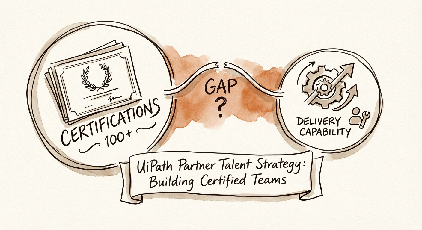 UiPath partner talent strategy diagram showing the gap between certification counts and delivery capability.