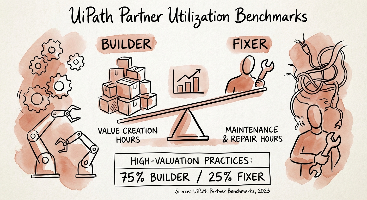 Comparison table of 'Builder' vs 'Fixer' hours in high-valuation UiPath practices.