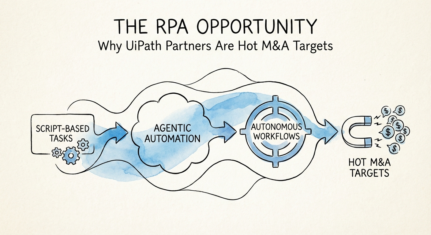 Diagram illustrating the 'Agentic Automation' value chain: from script-based tasks to autonomous decision-making workflows.
