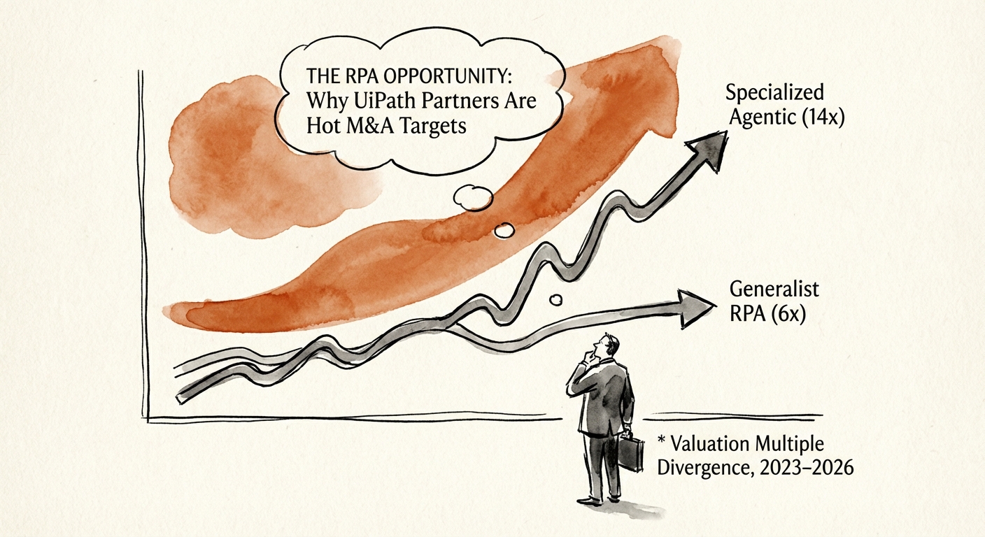 Chart showing valuation multiple divergence between Generalist RPA Providers (6x) and Specialized Agentic Automation Partners (14x) from 2023 to 2026.