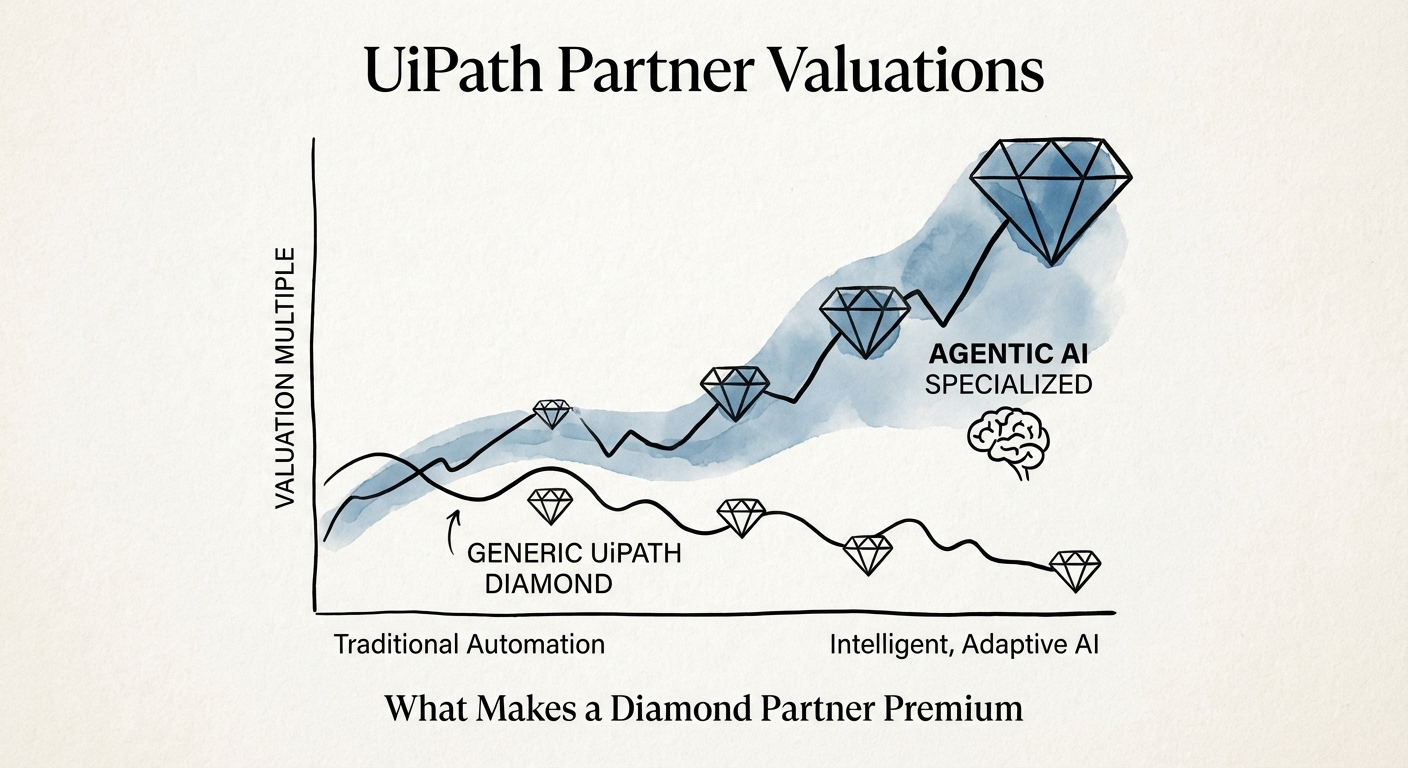 Chart showing valuation multiple bifurcation between generic UiPath Diamond partners and Agentic AI specialized partners