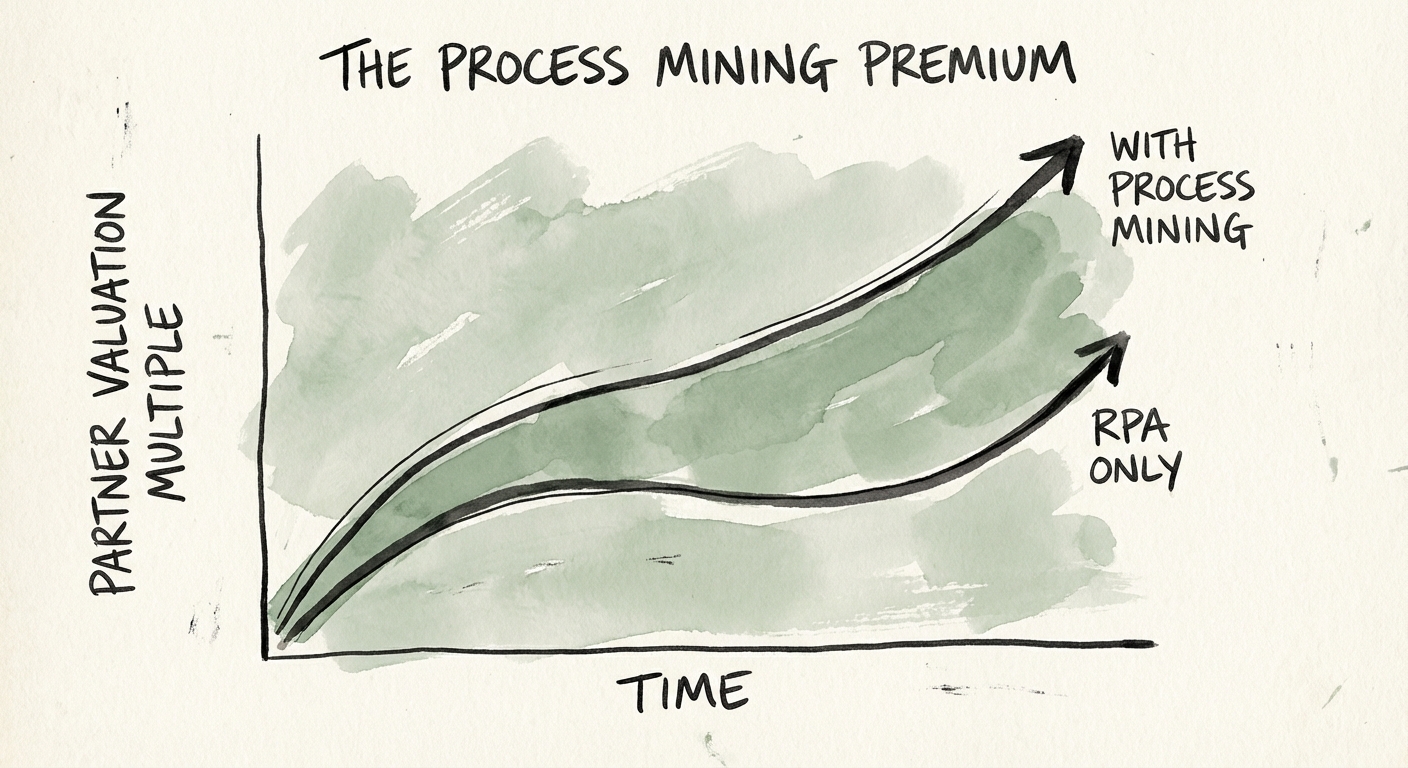 Graph showing valuation multiple expansion for UiPath partners with Process Mining capabilities versus pure RPA implementation shops.