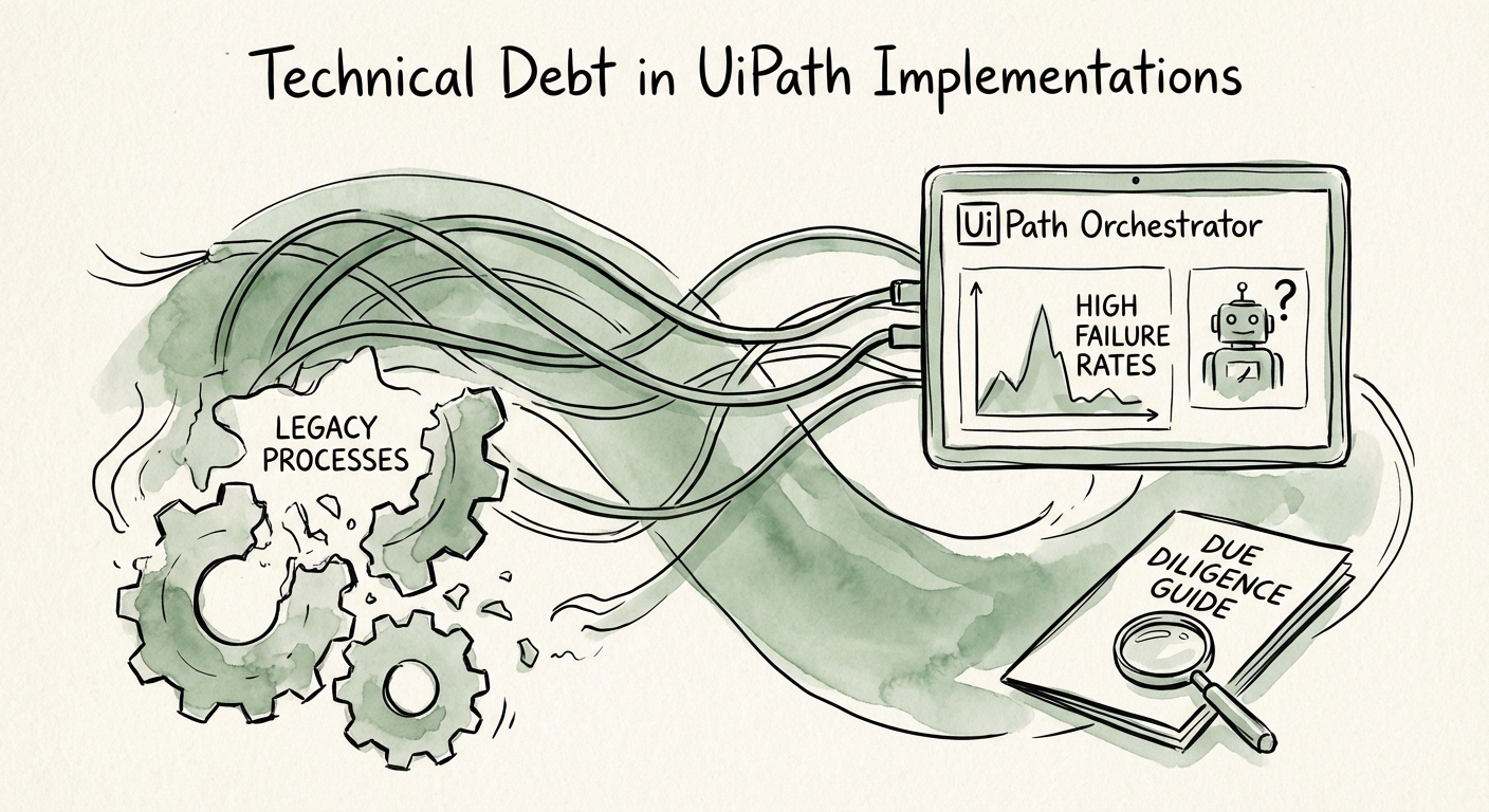 UiPath Orchestrator dashboard showing high failure rates and legacy process warnings during technical due diligence