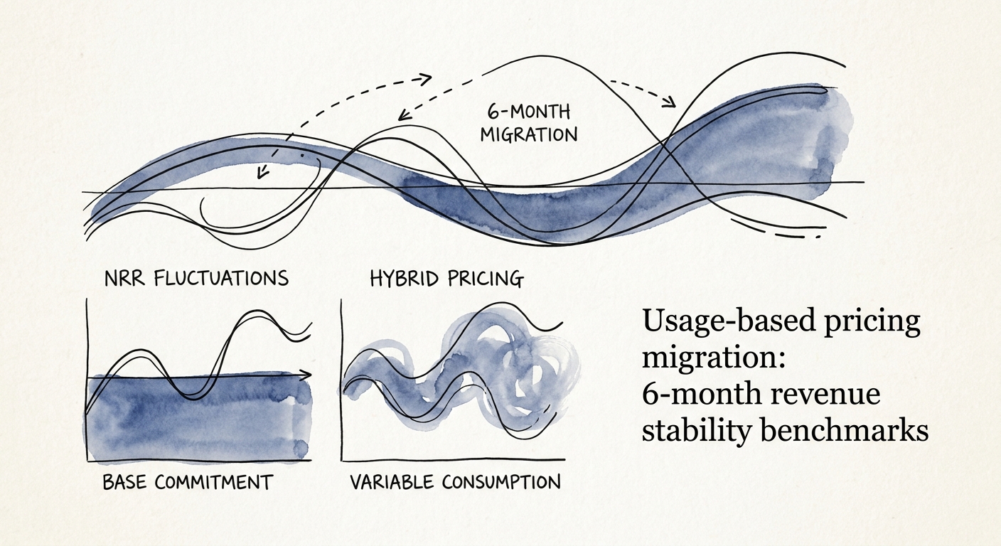 Dashboard displaying NRR fluctuations and hybrid pricing base commitments vs variable consumption