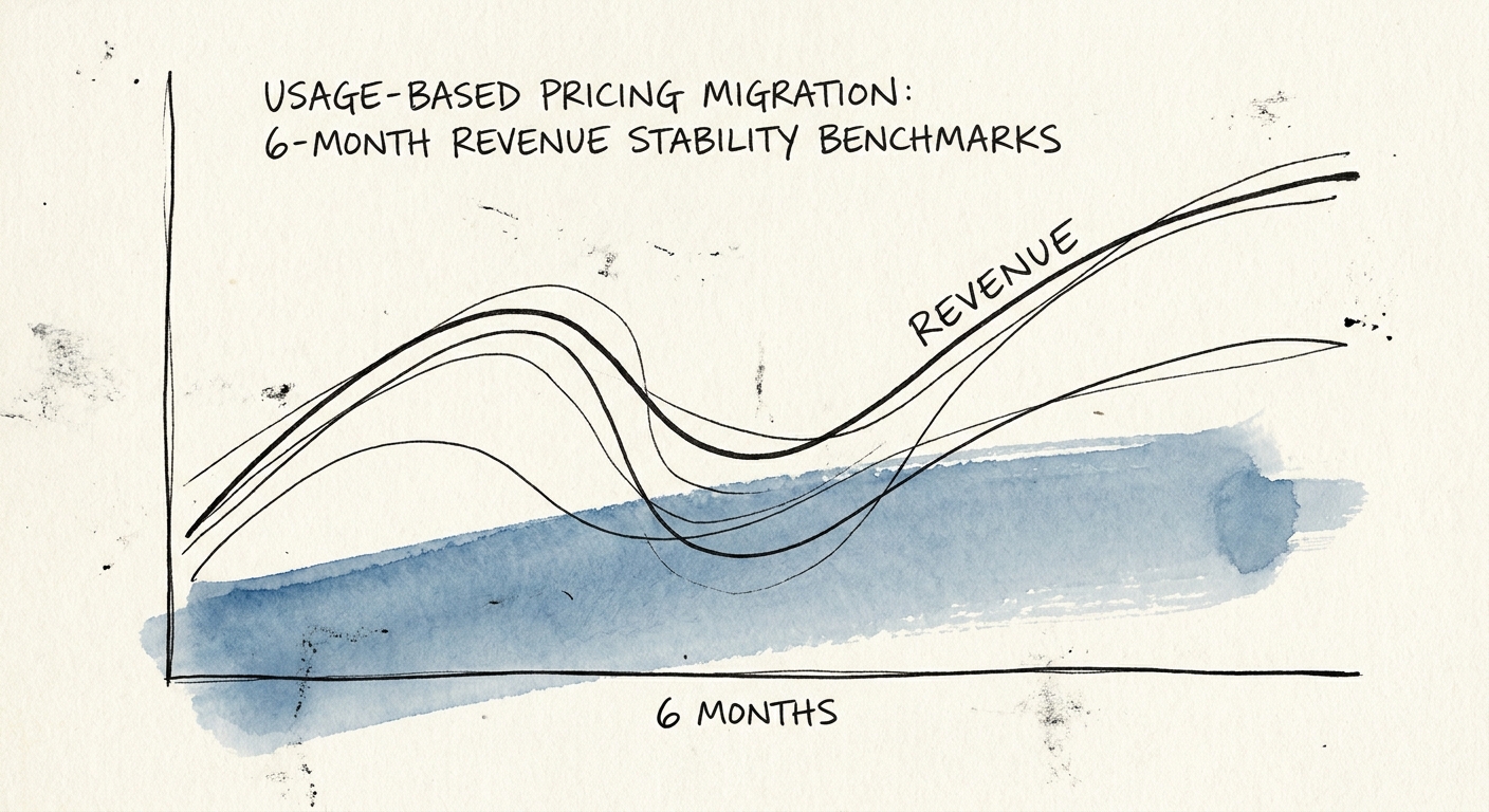 Graph showing the 6-month revenue dip and recovery curve during a SaaS usage-based pricing migration