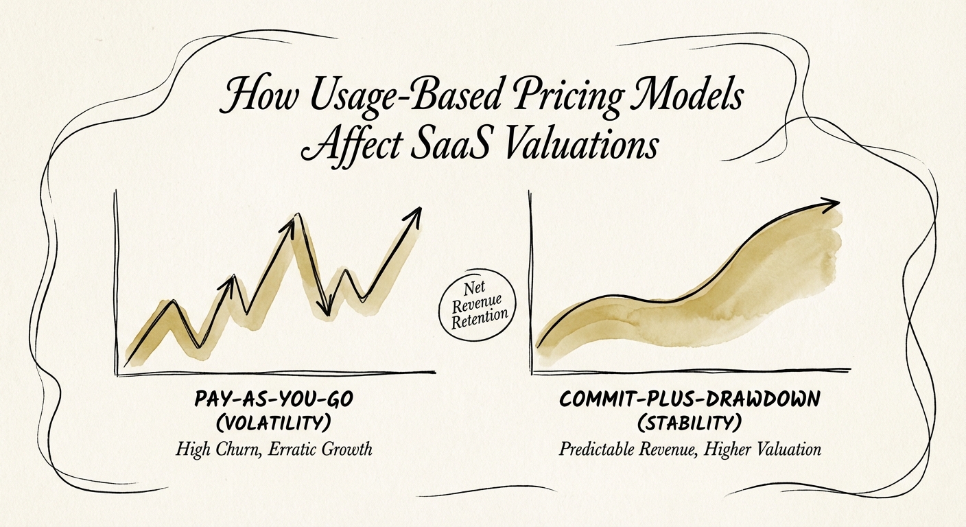 Chart comparing net revenue retention volatility between pay-as-you-go and commit-plus-drawdown models