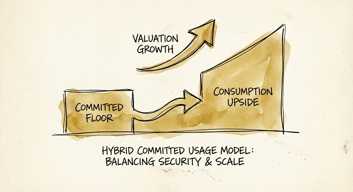 Diagram illustrating the Hybrid Committed Usage model with a committed floor and consumption upside