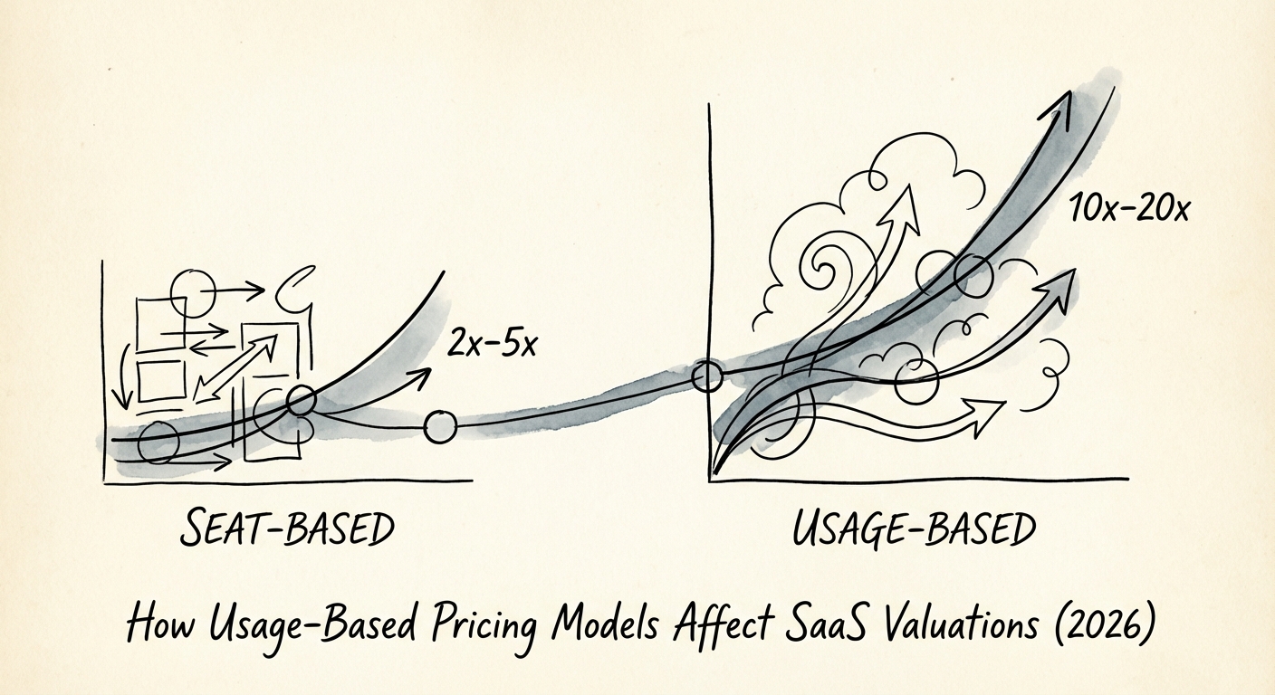 A comparison chart showing SaaS valuation multiples for seat-based vs usage-based pricing models in 2026