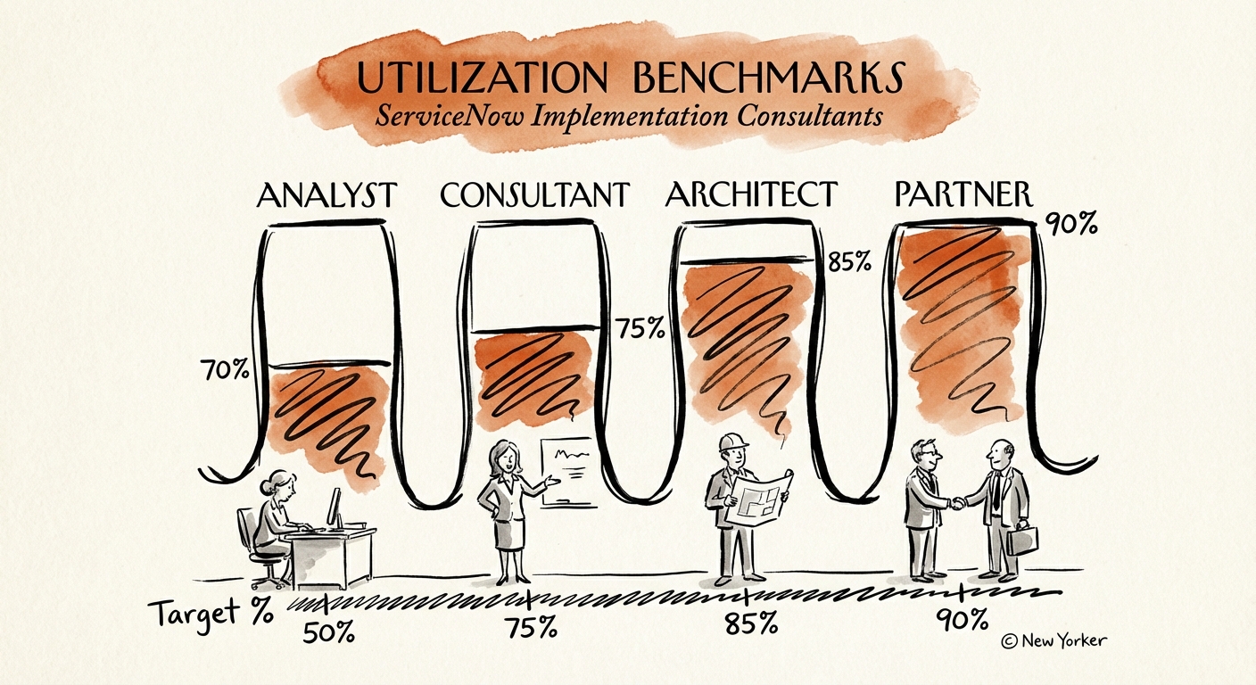 Chart comparing utilization targets by role: Analyst vs. Consultant vs. Architect vs. Partner.