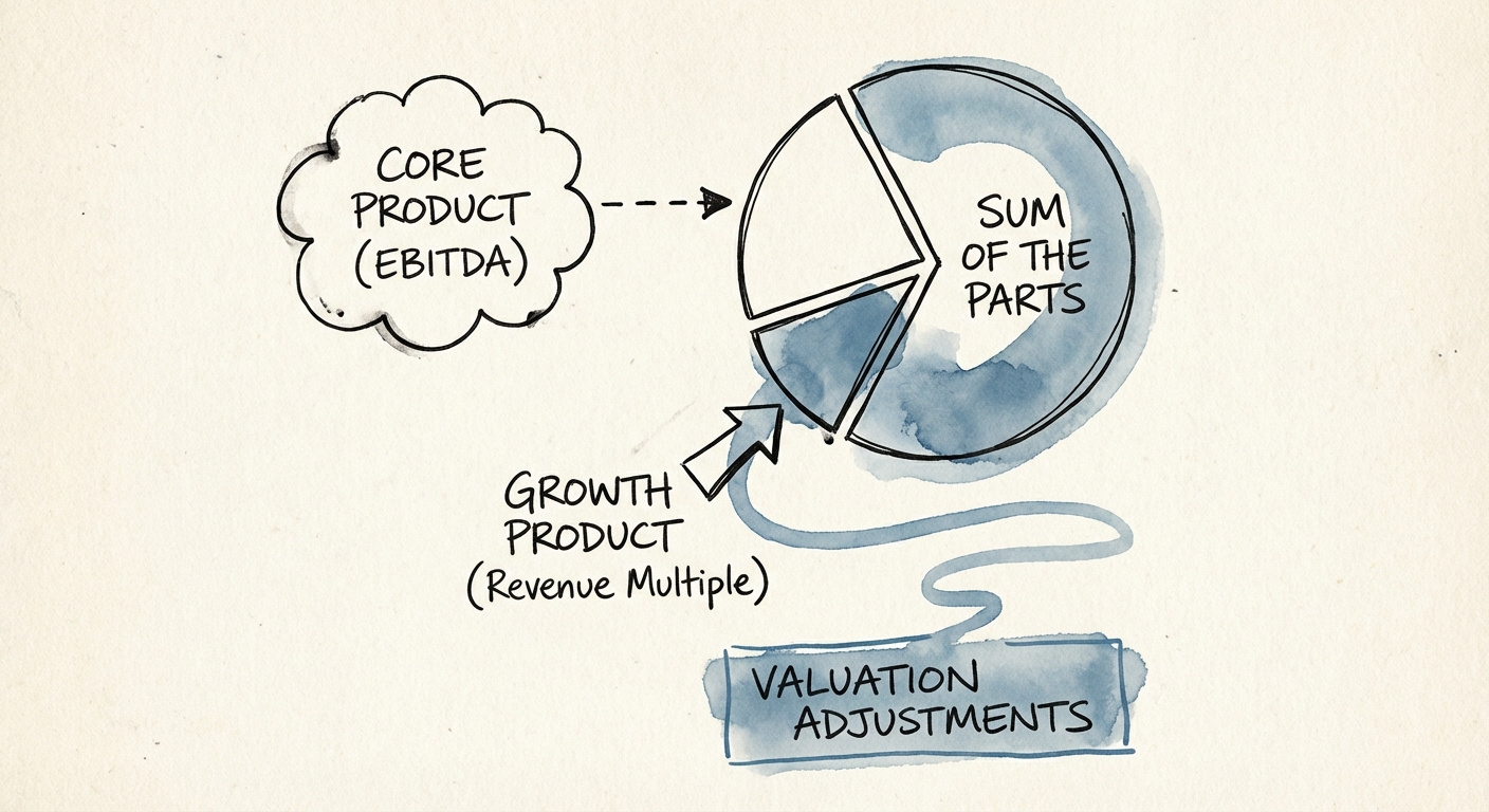 Visual breakdown of 'Sum of the Parts' valuation analysis showing Core Product EBITDA and Growth Product Revenue multiples.