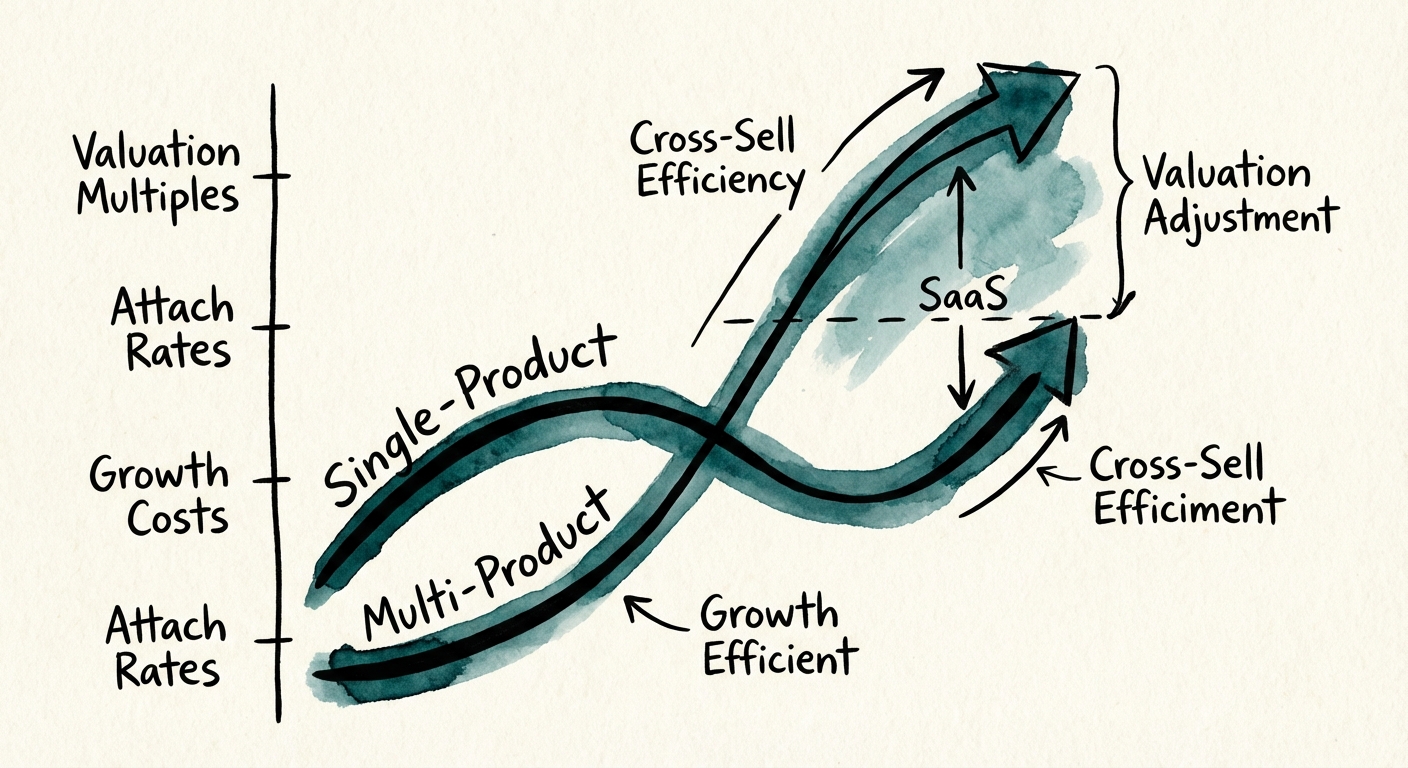 A diagnostic chart comparing single-product vs. multi-product SaaS valuation multiples based on attach rates and cross-sell efficiency.