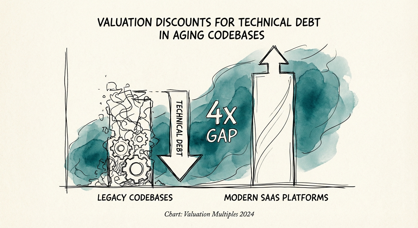 Chart comparing valuation multiples of modern SaaS platforms vs. legacy codebases, showing a 4-turn gap.