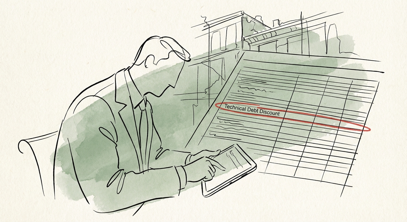 Private equity executive analyzing a valuation model on a tablet, highlighting a red 'Technical Debt Discount' row.