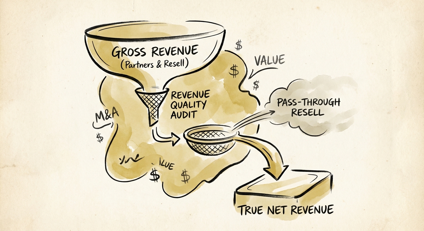 Diagram illustrating the 'Revenue Quality Audit' stripping out pass-through resell revenue to reveal true Net Revenue.