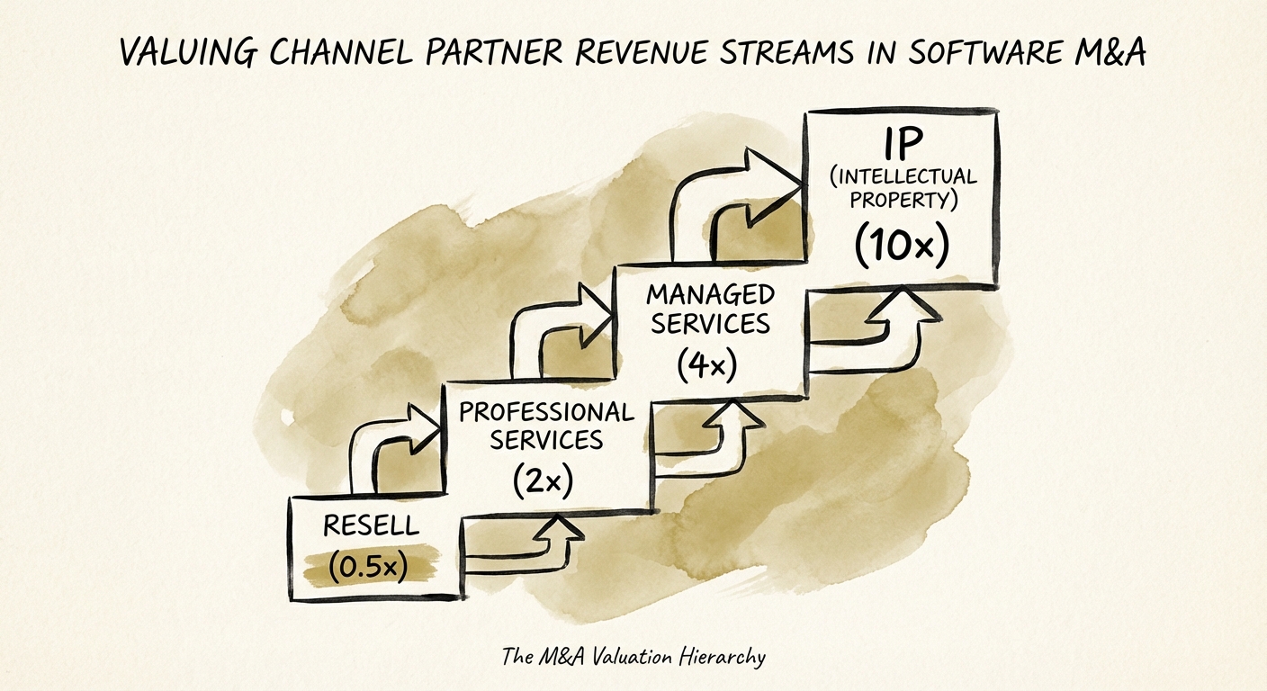 Chart showing the valuation multiple hierarchy for channel partners: Resell (0.5x), Professional Services (2x), Managed Services (4x), and IP (10x).