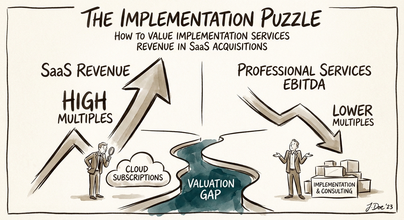 Chart showing the valuation gap between SaaS revenue multiples and professional services EBITDA multiples in hybrid acquisitions