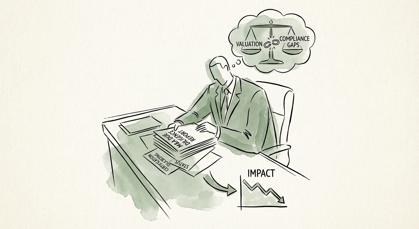 Private equity executive analyzing a technical due diligence report highlighting compliance gaps vs valuation impact.