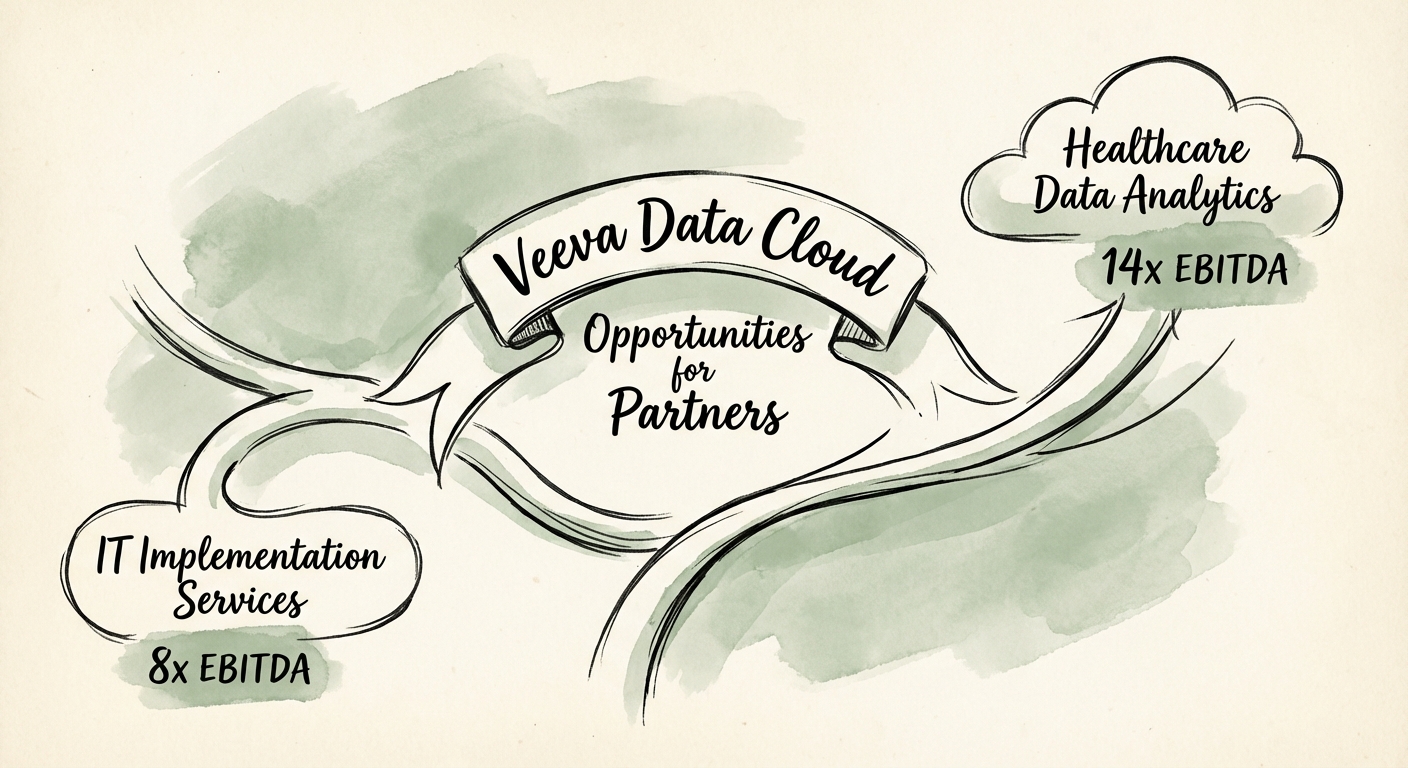 Chart showing valuation multiple divergence between IT Implementation Services (8x EBITDA) and Healthcare Data Analytics (14x EBITDA).