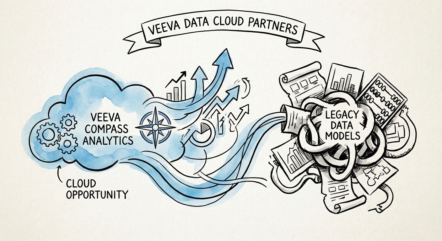 Digital illustration of a life sciences data dashboard comparing Veeva Compass analytics with legacy data models.