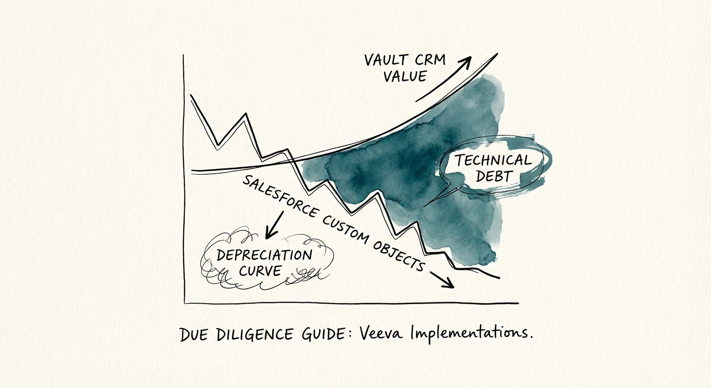 Chart showing the depreciation curve of Salesforce-based custom objects vs. Vault CRM value.