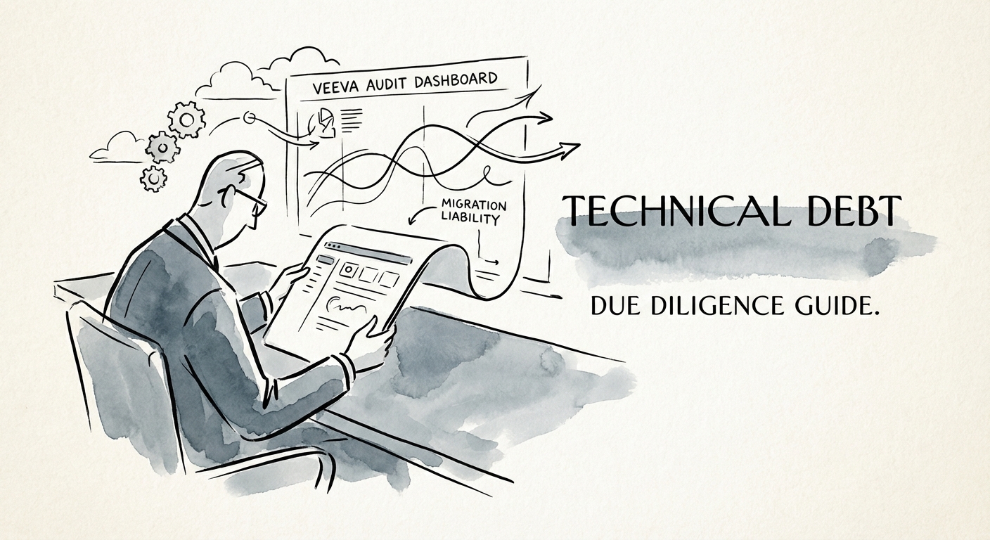 Private Equity executive reviewing a Veeva technical debt audit dashboard showing migration liability.