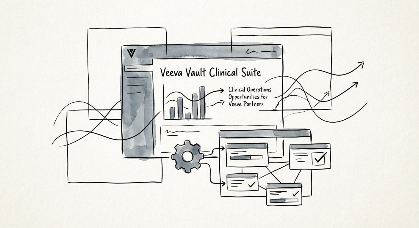 A digital interface showing Veeva Vault Clinical Suite dashboard with data visualization of clinical trial progress