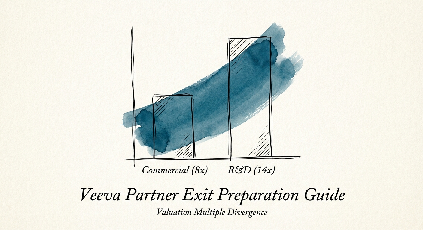 Graph showing valuation multiple divergence between Veeva Commercial partners (8x) and Veeva R&D partners (14x)