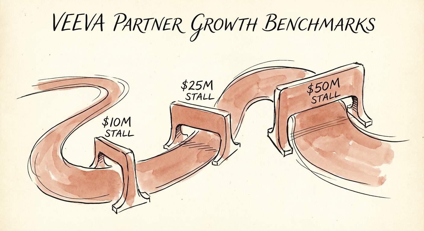 Strategic roadmap displaying the growth stalls for Veeva partners at $10M, $25M, and $50M revenue milestones.