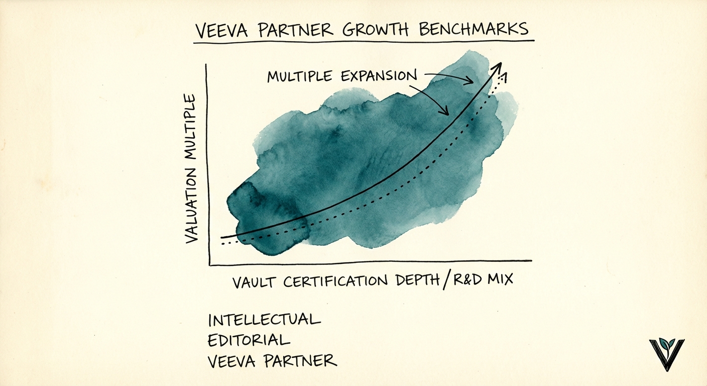 Graph showing valuation multiple expansion for Veeva partners based on Vault certification depth and R&D revenue mix.