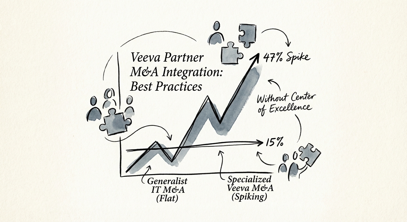 A line graph comparing consultant attrition rates: Generalist IT M&A flat at 15% vs. Specialized Veeva M&A spiking to 47% without a Center of Excellence model.